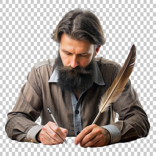 bearded man writing with feather at table on transparent background