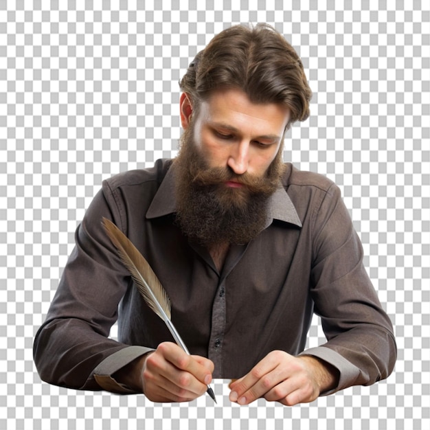 bearded man writing with feather at table on transparent background