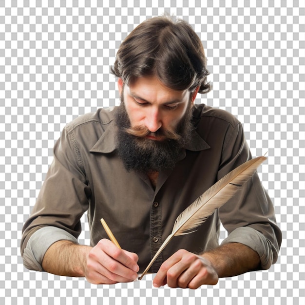 bearded man writing with feather at table on transparent background