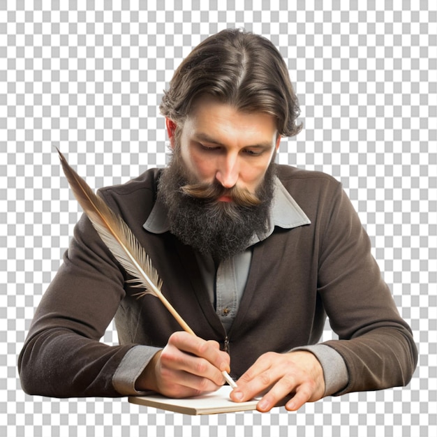 bearded man writing with feather at table on transparent background