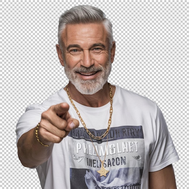 PSD bearded mature man pointing with his finger