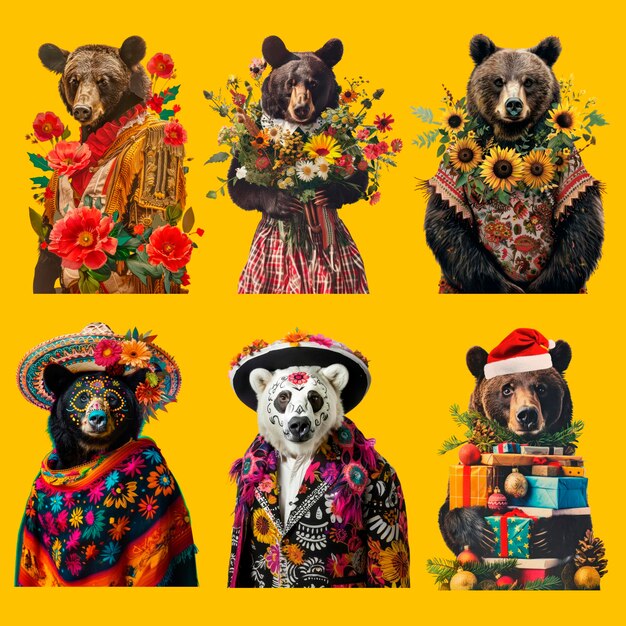 PSD bears in colorful festive attire