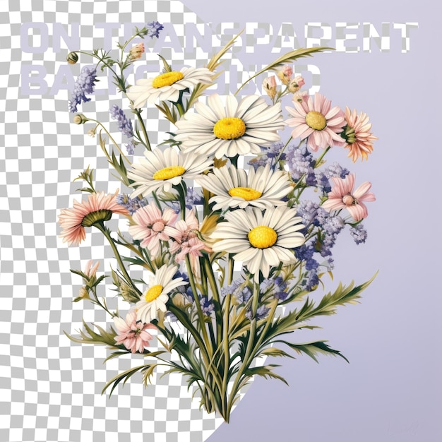 Beautiful array of daisies and flowers contrast against a transparent background