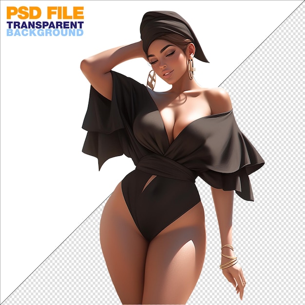 PSD beautiful babe with black swimsuit on transparent background