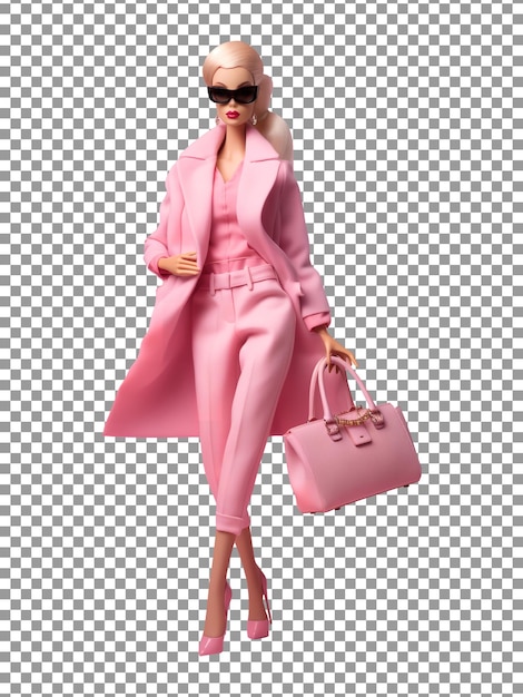 Beautiful barbie in pink pent coat and holding pink bag isolated on transparent background