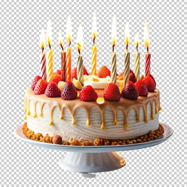 PSD beautiful birthday cake with burning candles transparent background