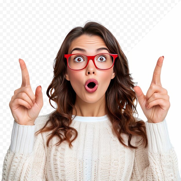 PSD beautiful brunette woman wearing red glasses over isolated isolated background amazed and surprised looking up and pointing with fingers and raised arms