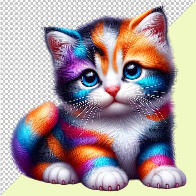 A Beautiful cute Cat fluffy kitten with rainbow colors International Cat Day Png Psd Image Free