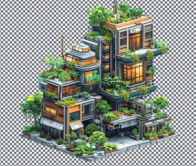 PSD beautiful cyberpunk rooftop garden isolated on transparent background