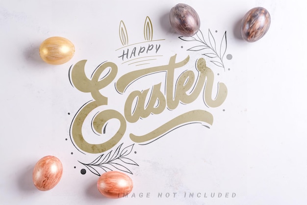 Beautiful Easter silver and gold eggs on marble mockup surface