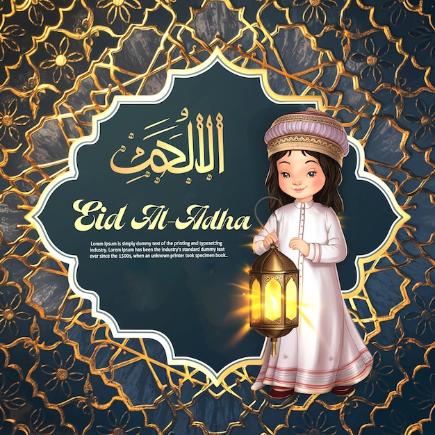 A beautiful Eid Al Adha template a girl with a lantern and the word arabic on it