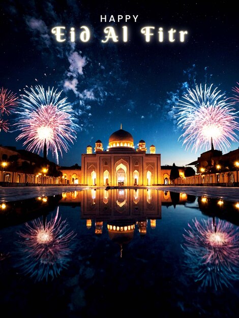 PSD beautiful eid al fitr mosque poster with beautiful night sky background