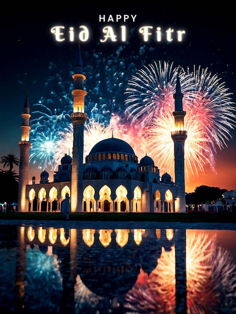 PSD beautiful eid al fitr mosque poster with beautiful night sky background