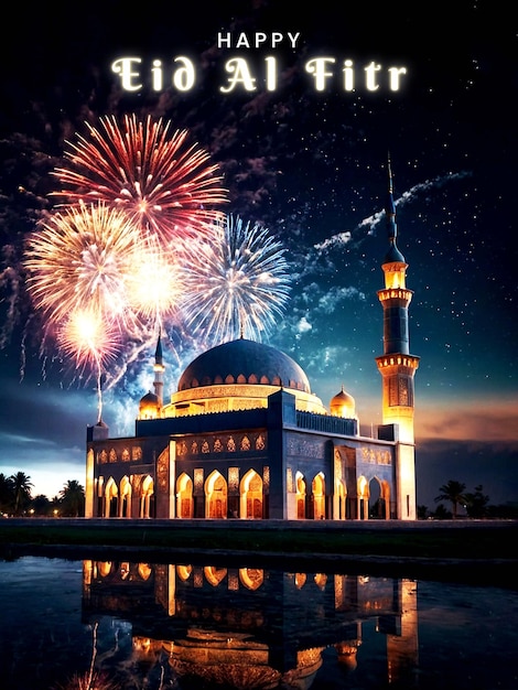 beautiful Eid al Fitr mosque poster with beautiful night sky background