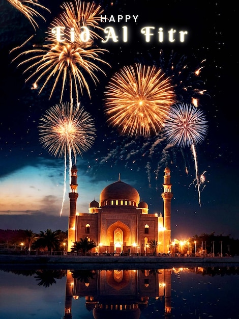 beautiful Eid al Fitr mosque poster with beautiful night sky background