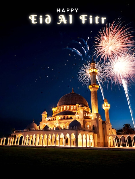 beautiful Eid al Fitr mosque poster with beautiful night sky background