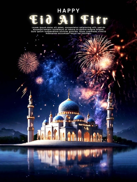 beautiful Eid al Fitr mosque poster with beautiful night sky background