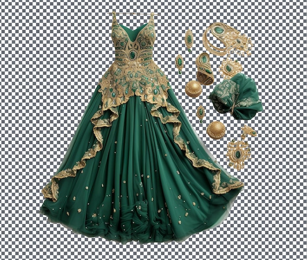 PSD beautiful emerald green and gold bridal ensemble isolated on transparent background