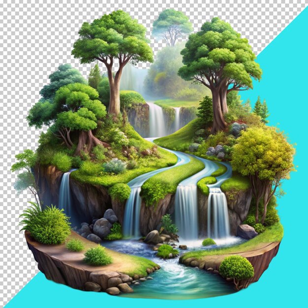 beautiful forest illustration with multiple paths of water on transperent background