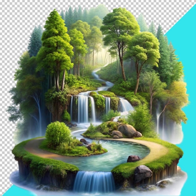 beautiful forest illustration with multiple paths of water on transperent background