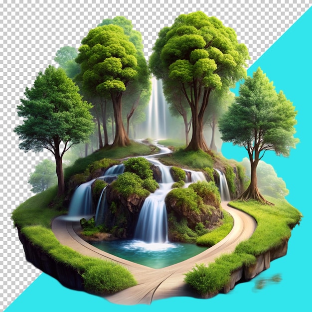 beautiful forest illustration with multiple paths of water on transperent background