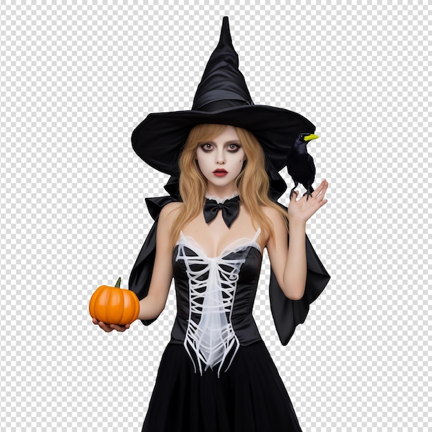 Beautiful girl dressed as a black and white witch with pumpkin and crow transparent background