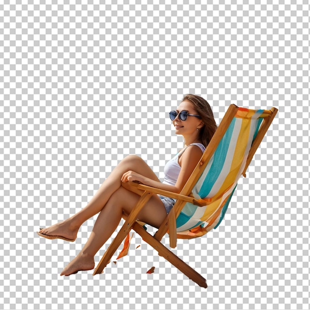 Beautiful girl in sunglasses relaxing on beach chair isolated on white