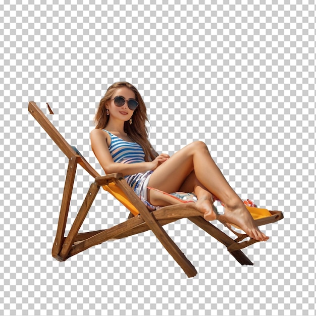 Beautiful girl in sunglasses relaxing on beach chair isolated on white