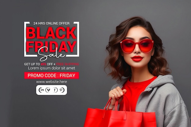 A beautiful girl with Black Friday banner stands with shopping bag in hand