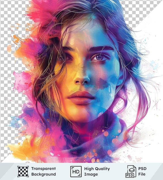 PSD beautiful girl with colorful watercolor splashes and blue face in transparent psd picture