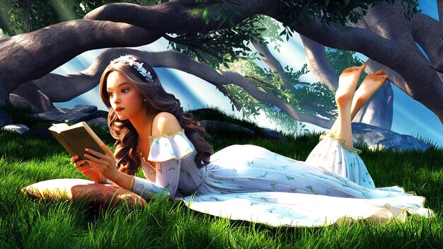 PSD a beautiful girl with fairy dress reading book