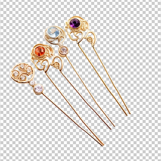 Beautiful gold hair pins with gems on white background