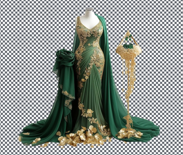 Beautiful Green and Gold Bridal Ensemble isolated on transparent background