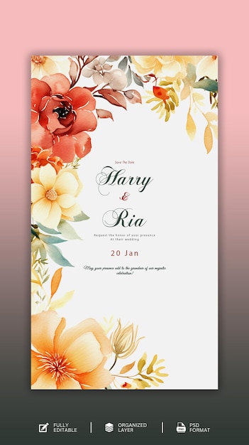 Beautiful hand drawn floral wedding invitation cards template