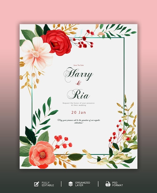 Beautiful hand drawn floral wedding invitation cards template