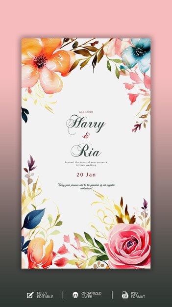 Beautiful hand drawn floral wedding invitation cards template