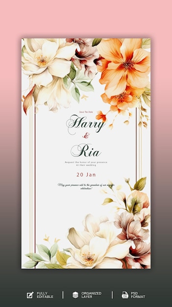 Beautiful hand drawn floral wedding invitation cards template