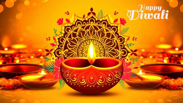 Beautiful happy diwali decorative oil lamp card banner on yellow background