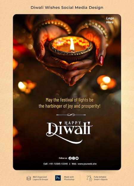 PSD beautiful happy diwali festival celebration greeting card design poster template psd