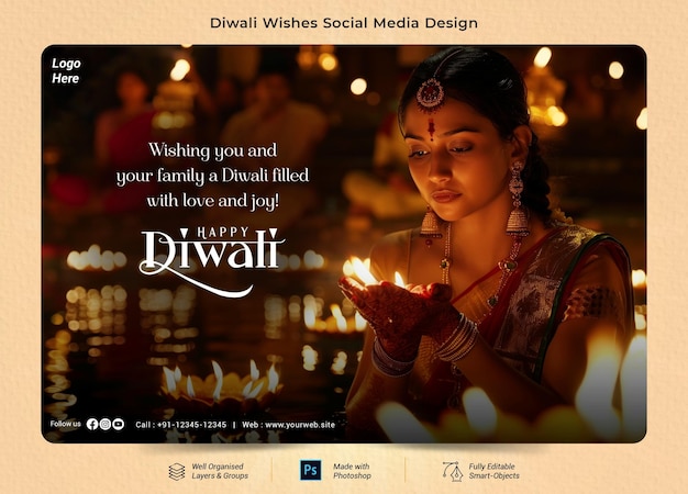 PSD beautiful happy diwali festival celebration greeting card design poster template psd