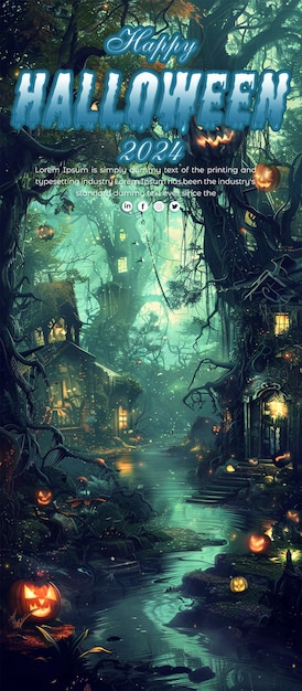 PSD beautiful happy halloween background with haunted house and pumpkins glowing window