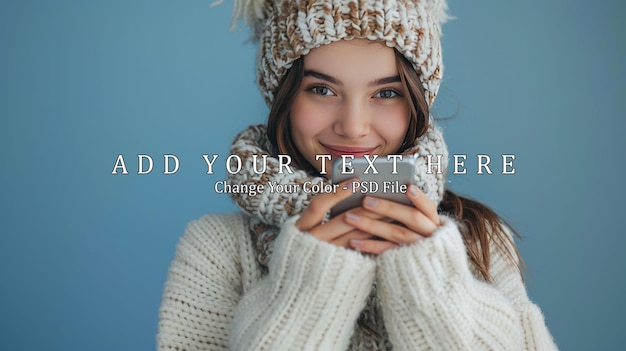 PSD beautiful happy young brunette dressed in knitted white sweater