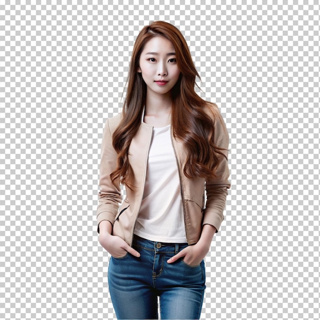 beautiful Korean woman in casual jacket and blue jeans on transparent background