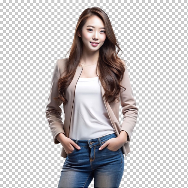 beautiful Korean woman in casual jacket and blue jeans on transparent background