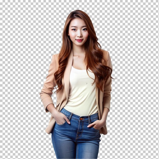 beautiful Korean woman in casual jacket and blue jeans on transparent background