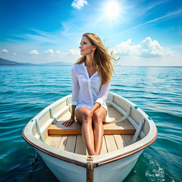 PSD beautiful lady in sea at boat