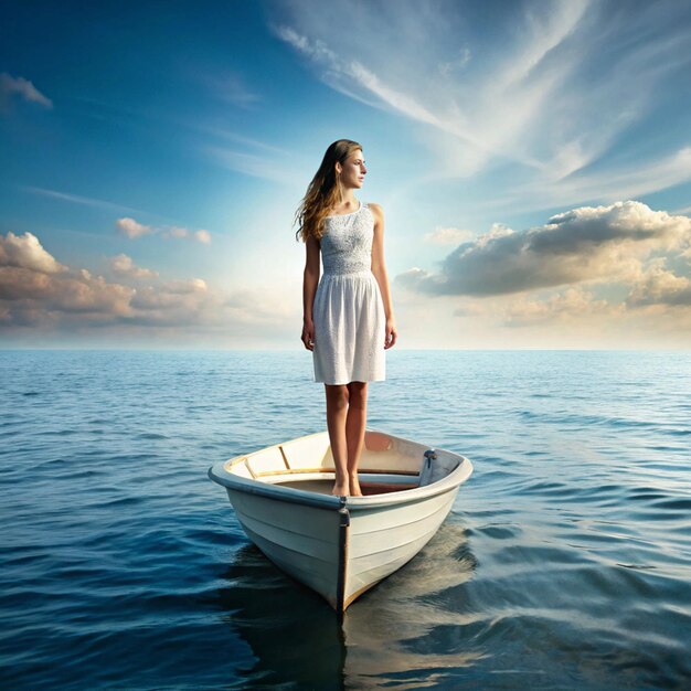 Beautiful lady in sea at boat