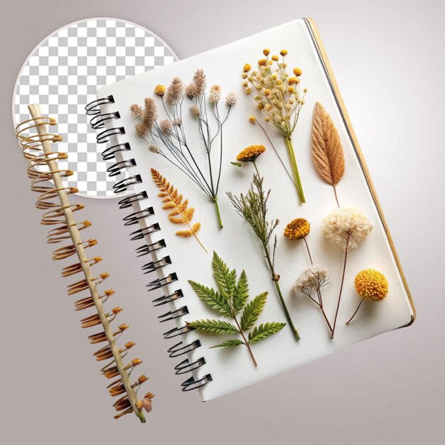 PSD beautiful leaves with notebook on transparent background