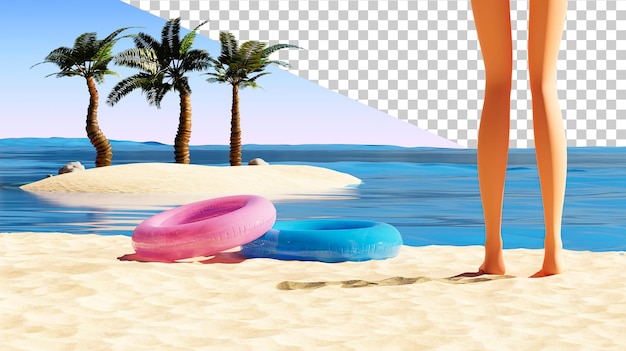 PSD beautiful legs and beach seascape beach and island tropical island with palm and legs 3d render