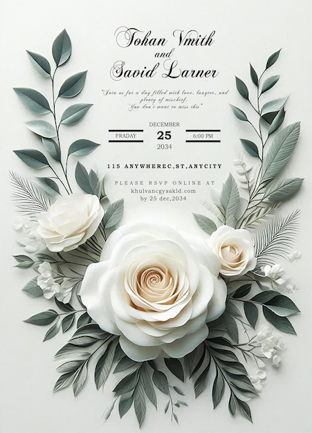 PSD beautiful luxury flower and leaves wedding invitation card with beautiful background